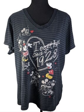 Disney Mickey & Minnie Graphic V-Neck Tee - Black Stripe Plus Size 2X
